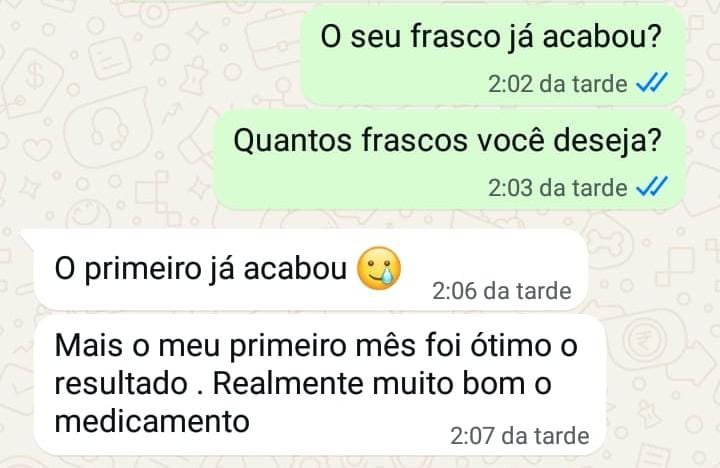 Conversa no WhatsApp: O primeiro frasco já acabou, mas o meu primeiro mês foi ótimo o resultado. Realmente muito bom!